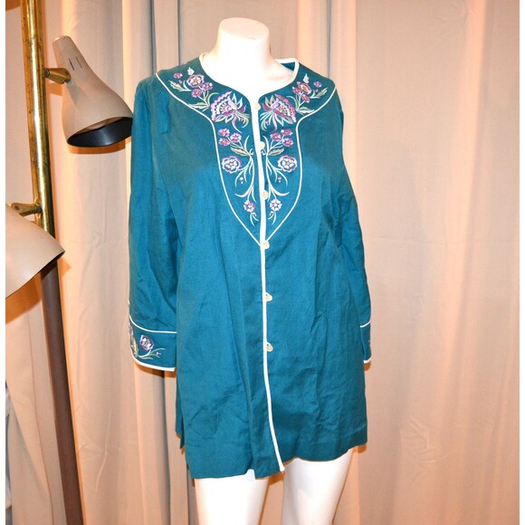 Vintage Bob Mackie Whimsical Art on Teal Pop Art Boho Tunic - Picture 1 of 7